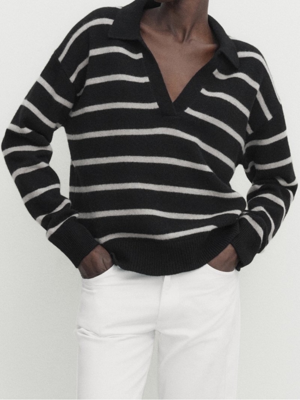Massimo Dutti Black V-Neck Collared Striped Cashmere blend Sweater